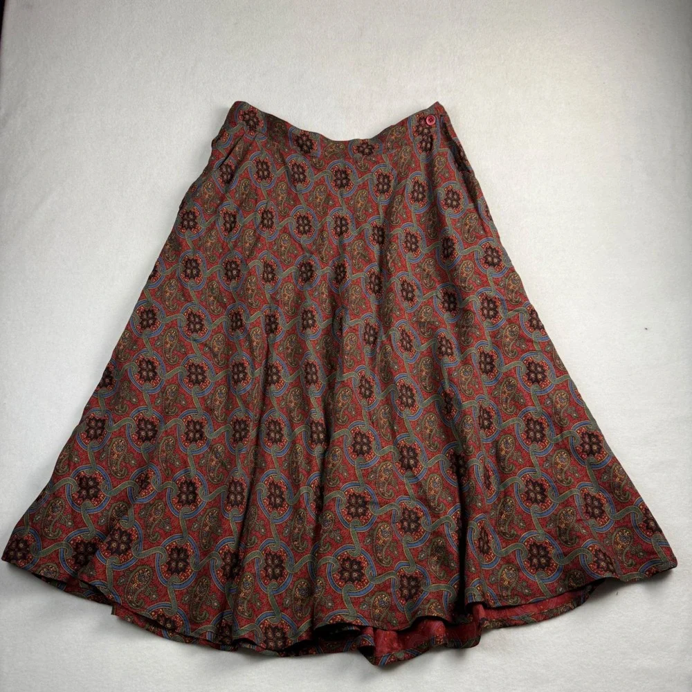 Liz Claiborne Vintage Red Paisley Rayon Midi Skirt Womens 14 A-Line‎ Boho Retro